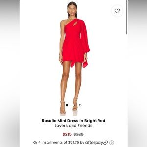Rosalie Mini Dress in Bright Red. Lovers and Friends. Size Small
